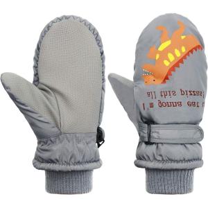 imageAmerican Trends Toddler Mittens Winter Snow Glove Waterproof Mitten Warm Fleece Kid Ski Gloves for Boys GirlsGray Dinosaur