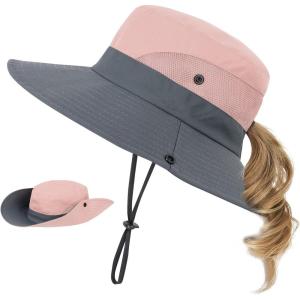 imageKids Sun Hat with Ponytail Hole UV Protection Wide Brim Summer Beach Bucket Cap Fishing Hat for GirlsMixed Pink