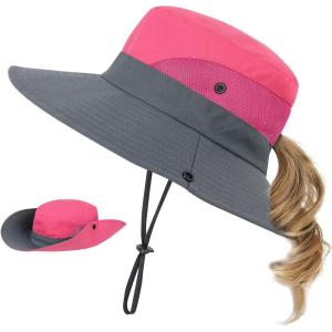 imageKids Sun Hat with Ponytail Hole UV Protection Wide Brim Summer Beach Bucket Cap Fishing Hat for GirlsMixed Watermelon Red