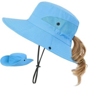 imageKids Sun Hat with Ponytail Hole UV Protection Wide Brim Summer Beach Bucket Cap Fishing Hat for GirlsPure Blue