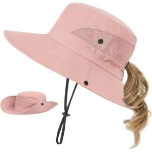 imageKids Sun Hat with Ponytail Hole UV Protection Wide Brim Summer Beach Bucket Cap Fishing Hat for GirlsPure Pink