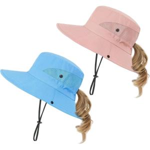 imageKids Sun Hat with Ponytail Hole UV Protection Wide Brim Summer Beach Bucket Cap Fishing Hat for GirlsPure Pinkpure Blue