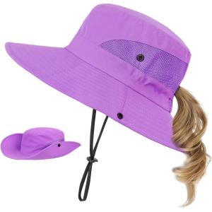 imageKids Sun Hat with Ponytail Hole UV Protection Wide Brim Summer Beach Bucket Cap Fishing Hat for GirlsPure Purple