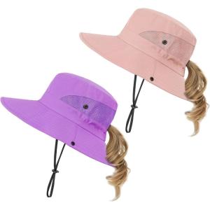 imageKids Sun Hat with Ponytail Hole UV Protection Wide Brim Summer Beach Bucket Cap Fishing Hat for GirlsPure Purplepure Pink