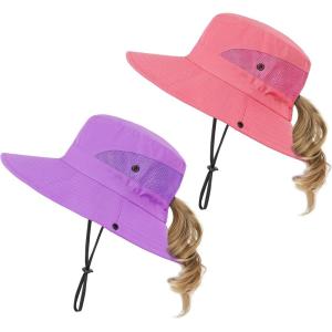 imageKids Sun Hat with Ponytail Hole UV Protection Wide Brim Summer Beach Bucket Cap Fishing Hat for GirlsPure Purplepure Watermelon Red