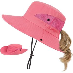 imageKids Sun Hat with Ponytail Hole UV Protection Wide Brim Summer Beach Bucket Cap Fishing Hat for GirlsPure Watermelon Red