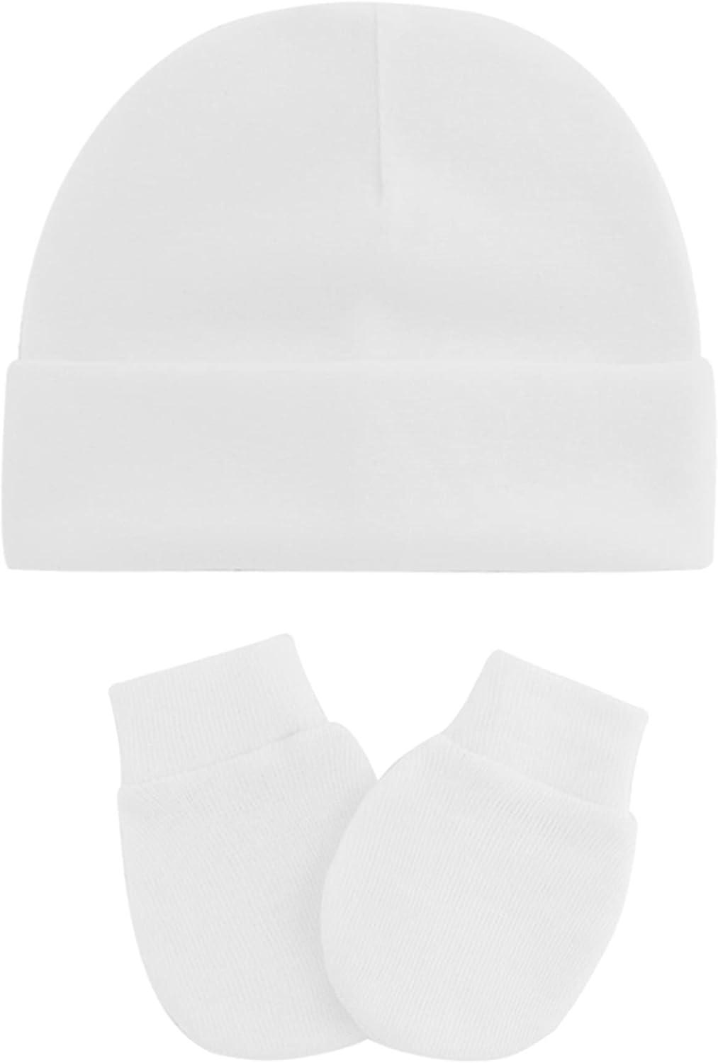 imageAmerican Trends Baby Beanies for Boys Girls Newborn Infant Hat with Mittens Cute Cotton Hospital Hats for 06 MonthsA 4 Pack White  Light Blue  Navy  Gray