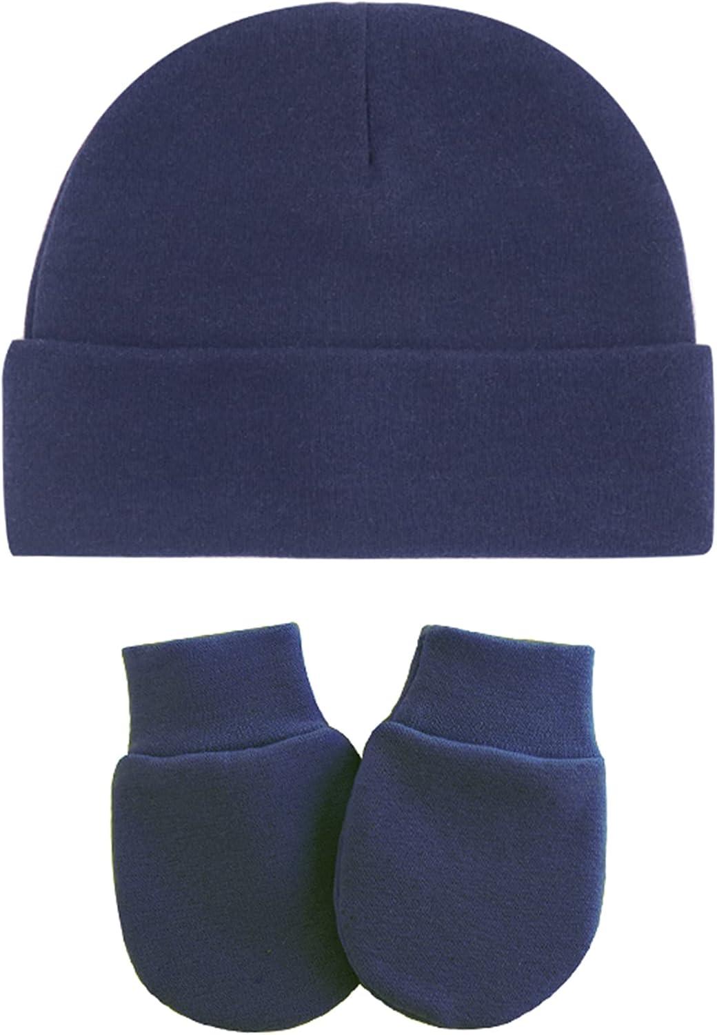 imageAmerican Trends Baby Beanies for Boys Girls Newborn Infant Hat with Mittens Cute Cotton Hospital Hats for 06 MonthsA 4 Pack White  Light Blue  Navy  Gray