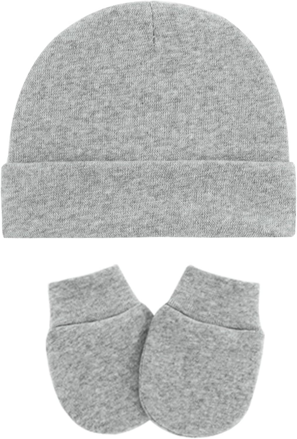 imageAmerican Trends Baby Beanies for Boys Girls Newborn Infant Hat with Mittens Cute Cotton Hospital Hats for 06 MonthsA 4 Pack White  Light Blue  Navy  Gray