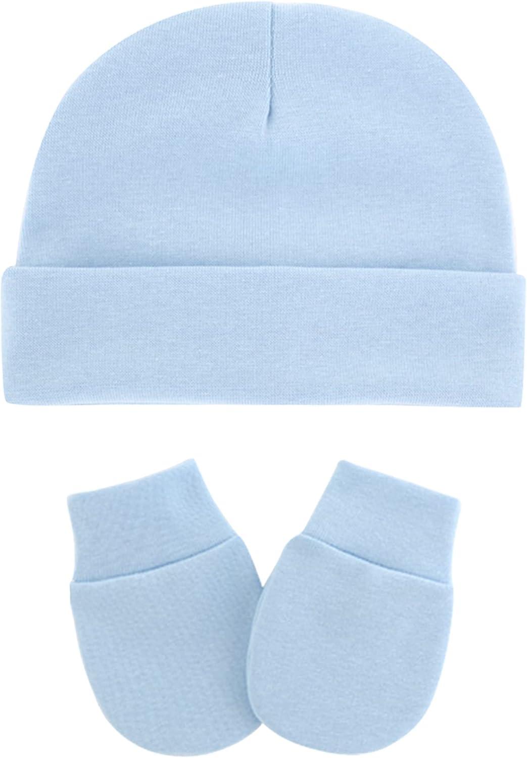 imageAmerican Trends Baby Beanies for Boys Girls Newborn Infant Hat with Mittens Cute Cotton Hospital Hats for 06 MonthsA 4 Pack White  Light Blue  Navy  Gray