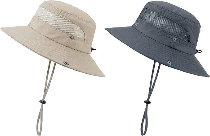 imageKids Sun hat for Girls Boys Outdoor Breathable Sun Protection UPF 50 Cap Wide Brim Summer Beach Bucket hat2 Pack Dark Grey  Light Beige