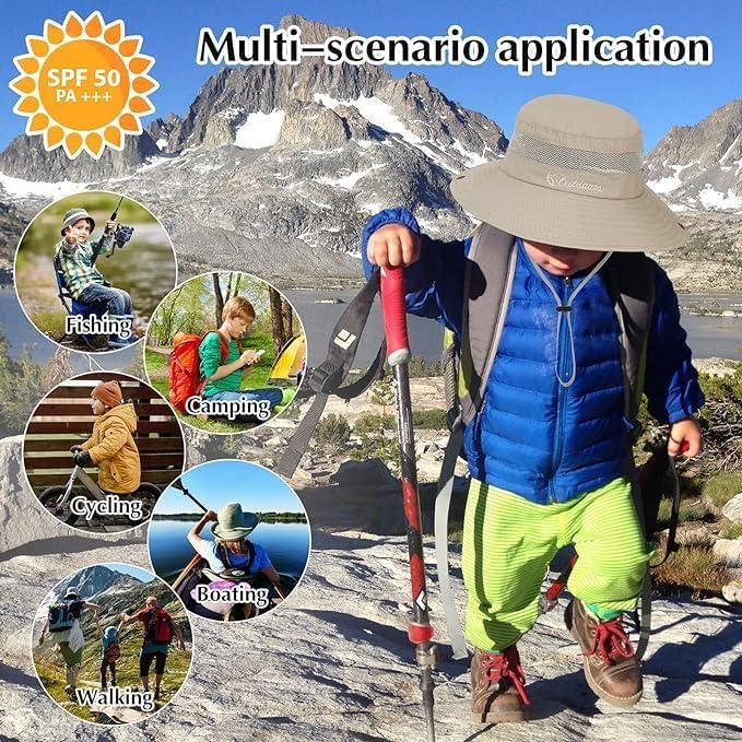 imageKids Sun hat for Girls Boys Outdoor Breathable Sun Protection UPF 50 Cap Wide Brim Summer Beach Bucket hat2 Pack Deep Khaki  Dark Grey