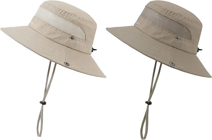 imageKids Sun hat for Girls Boys Outdoor Breathable Sun Protection UPF 50 Cap Wide Brim Summer Beach Bucket hat2 Pack Deep Khaki  Light Beige
