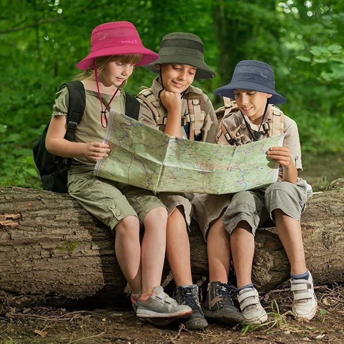 imageKids Sun hat for Girls Boys Outdoor Breathable Sun Protection UPF 50 Cap Wide Brim Summer Beach Bucket hat2 Pack Deep Khaki  Light Beige