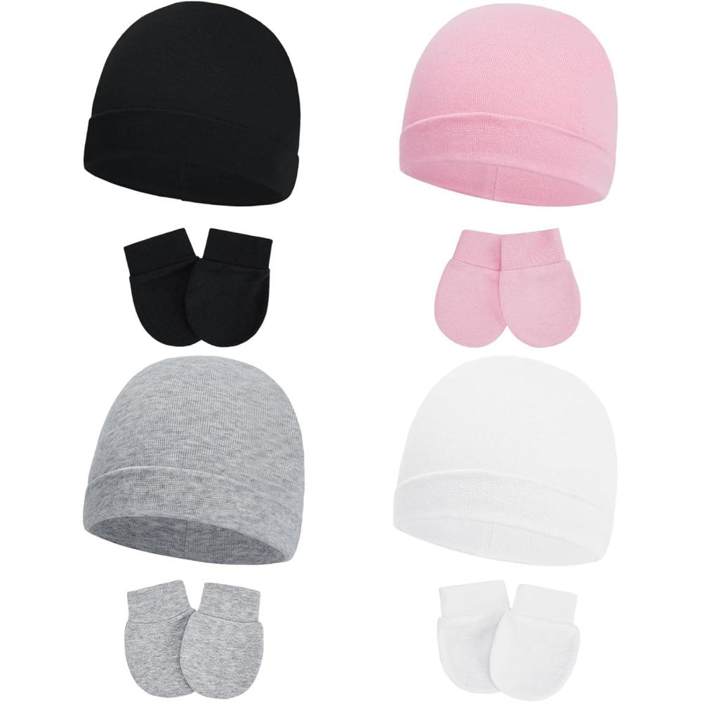 imageAmerican Trends Baby Beanies for Boys Girls Newborn Infant Hat with Mittens Cute Cotton Hospital Hats for 06 Months4 Pack Black  Pink  Gray  White