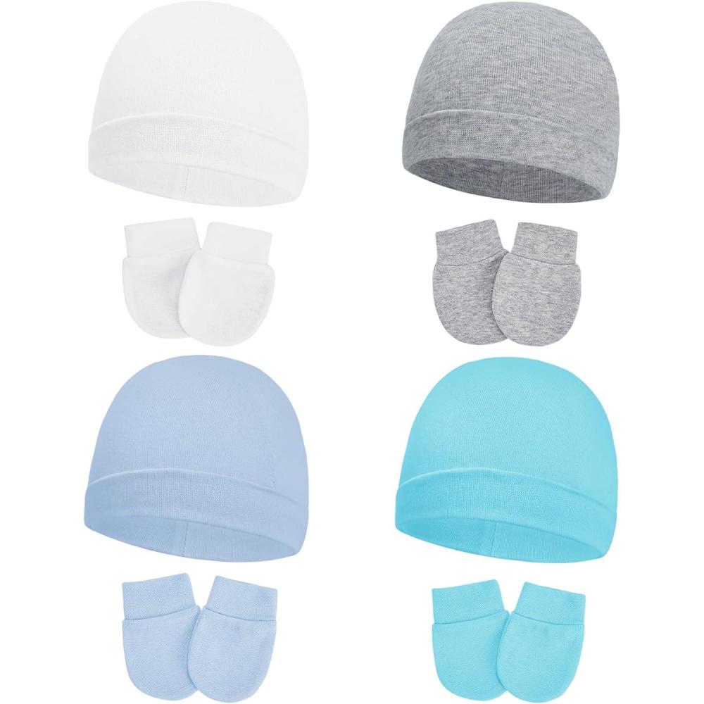imageAmerican Trends Baby Beanies for Boys Girls Newborn Infant Hat with Mittens Cute Cotton Hospital Hats for 06 Months4 Pack White  Gray  Light Blue  Lake Blue