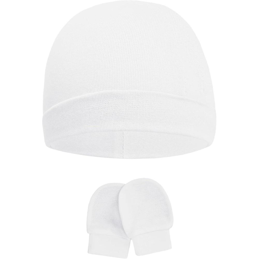 imageAmerican Trends Baby Beanies for Boys Girls Newborn Infant Hat with Mittens Cute Cotton Hospital Hats for 06 MonthsA 1 Pack White