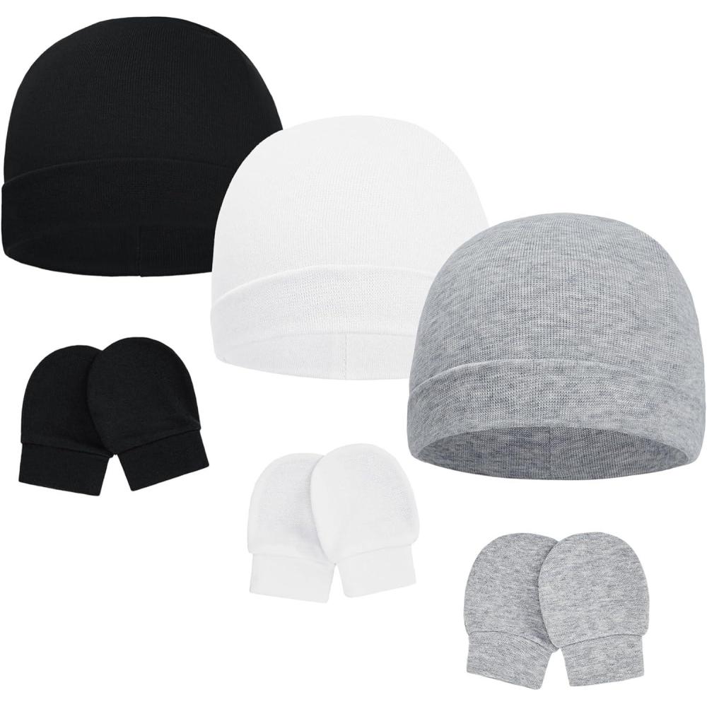 imageAmerican Trends Baby Beanies for Boys Girls Newborn Infant Hat with Mittens Cute Cotton Hospital Hats for 06 MonthsA 3 Pack Black  White  Gray