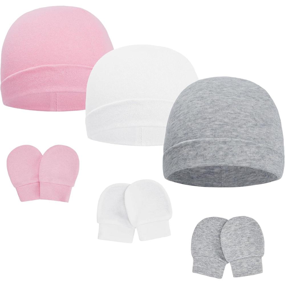 imageAmerican Trends Baby Beanies for Boys Girls Newborn Infant Hat with Mittens Cute Cotton Hospital Hats for 06 MonthsA 3 Pack Pink  White  Gray