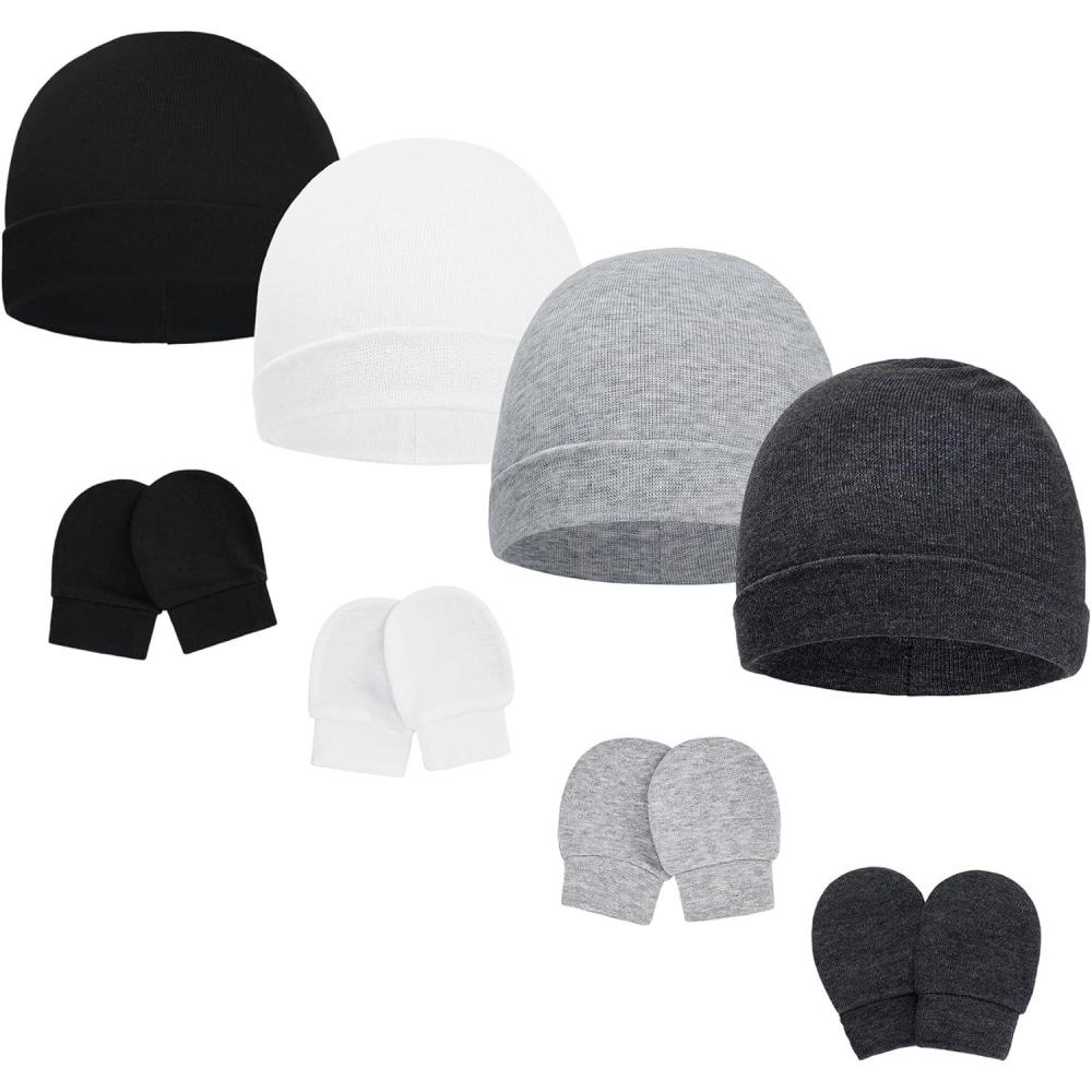 imageAmerican Trends Baby Beanies for Boys Girls Newborn Infant Hat with Mittens Cute Cotton Hospital Hats for 06 MonthsA 4 Pack Black  White  Gray  Dark Gray