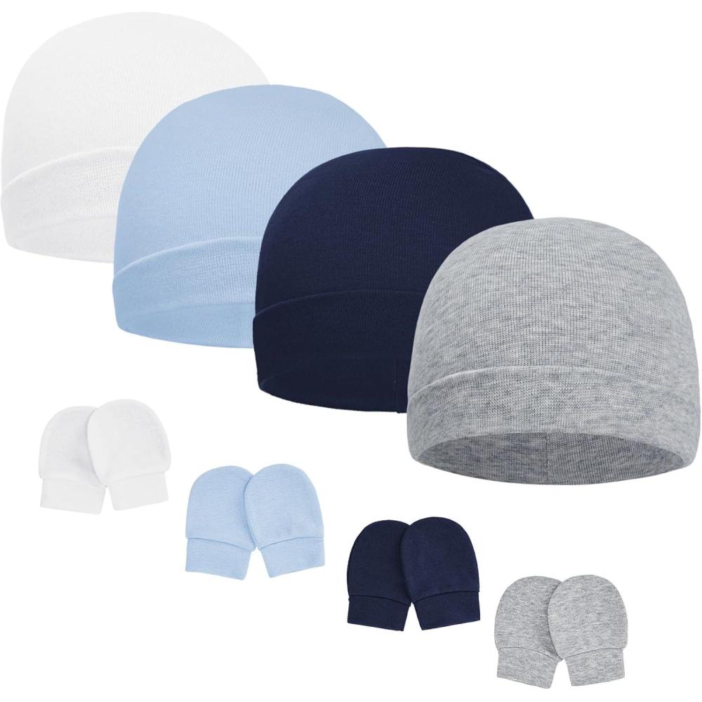 imageAmerican Trends Baby Beanies for Boys Girls Newborn Infant Hat with Mittens Cute Cotton Hospital Hats for 06 MonthsA 4 Pack White  Light Blue  Navy  Gray