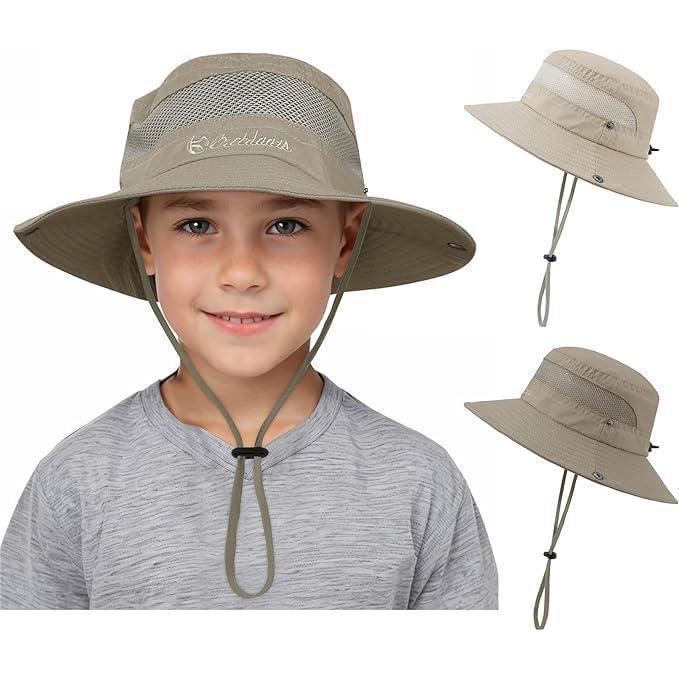 imageKids Sun hat for Girls Boys Outdoor Breathable Sun Protection UPF 50 Cap Wide Brim Summer Beach Bucket hat2 Pack Deep Khaki  Light Beige