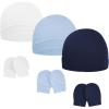 imageAmerican Trends Baby Beanies for Boys Girls Newborn Infant Hat with Mittens Cute Cotton Hospital Hats for 06 MonthsA 3 Pack White  Light Blue  Navy