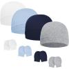 imageAmerican Trends Baby Beanies for Boys Girls Newborn Infant Hat with Mittens Cute Cotton Hospital Hats for 06 MonthsA 4 Pack White  Light Blue  Navy  Gray