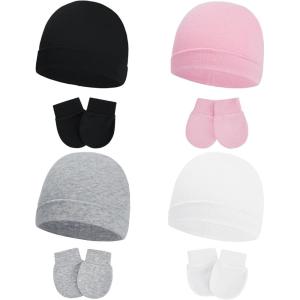 imageAmerican Trends Baby Beanies for Boys Girls Newborn Infant Hat with Mittens Cute Cotton Hospital Hats for 06 Months4 Pack Black  Pink  Gray  White