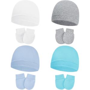 imageAmerican Trends Baby Beanies for Boys Girls Newborn Infant Hat with Mittens Cute Cotton Hospital Hats for 06 Months4 Pack White  Gray  Light Blue  Lake Blue