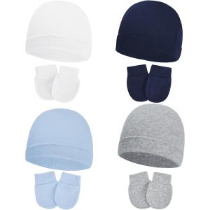 imageAmerican Trends Baby Beanies for Boys Girls Newborn Infant Hat with Mittens Cute Cotton Hospital Hats for 06 Months4 Pack White  Light Blue  Navy  Gray
