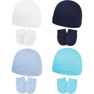imageAmerican Trends Baby Beanies for Boys Girls Newborn Infant Hat with Mittens Cute Cotton Hospital Hats for 06 Months4 Pack White  Navy  Light Blue  Lake Blue