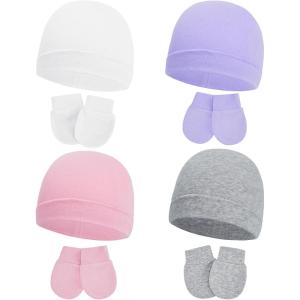 imageAmerican Trends Baby Beanies for Boys Girls Newborn Infant Hat with Mittens Cute Cotton Hospital Hats for 06 Months4 Pack White  Purple  Pink  Gray