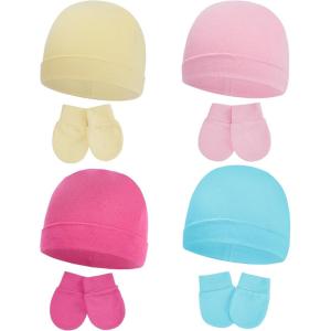 imageAmerican Trends Baby Beanies for Boys Girls Newborn Infant Hat with Mittens Cute Cotton Hospital Hats for 06 Months4 Pack Yellow  Pink  Rose  Lake Blue