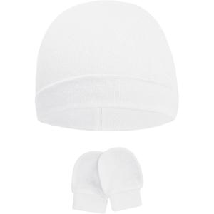 imageAmerican Trends Baby Beanies for Boys Girls Newborn Infant Hat with Mittens Cute Cotton Hospital Hats for 06 MonthsA 1 Pack White