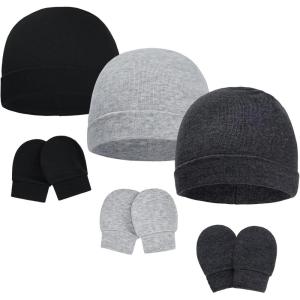 imageAmerican Trends Baby Beanies for Boys Girls Newborn Infant Hat with Mittens Cute Cotton Hospital Hats for 06 MonthsA 3 Pack Black  Gray  Dark Gray