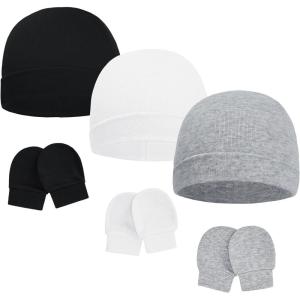 imageAmerican Trends Baby Beanies for Boys Girls Newborn Infant Hat with Mittens Cute Cotton Hospital Hats for 06 MonthsA 3 Pack Black  White  Gray