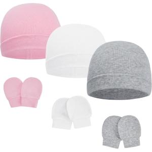 imageAmerican Trends Baby Beanies for Boys Girls Newborn Infant Hat with Mittens Cute Cotton Hospital Hats for 06 MonthsA 3 Pack Pink  White  Gray