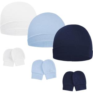 imageAmerican Trends Baby Beanies for Boys Girls Newborn Infant Hat with Mittens Cute Cotton Hospital Hats for 06 MonthsA 3 Pack White  Light Blue  Navy