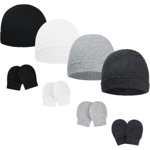 imageAmerican Trends Baby Beanies for Boys Girls Newborn Infant Hat with Mittens Cute Cotton Hospital Hats for 06 MonthsA 4 Pack Black  White  Gray  Dark Gray