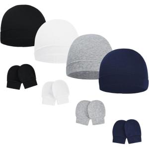 imageAmerican Trends Baby Beanies for Boys Girls Newborn Infant Hat with Mittens Cute Cotton Hospital Hats for 06 MonthsA 4 Pack Black  White  Gray  Navy