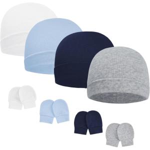 imageAmerican Trends Baby Beanies for Boys Girls Newborn Infant Hat with Mittens Cute Cotton Hospital Hats for 06 MonthsA 4 Pack White  Light Blue  Navy  Gray