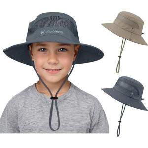 imageKids Sun hat for Girls Boys Outdoor Breathable Sun Protection UPF 50 Cap Wide Brim Summer Beach Bucket hat2 Pack Deep Khaki  Dark Grey