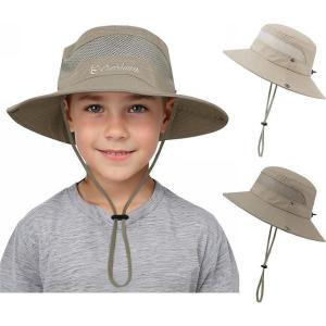 imageKids Sun hat for Girls Boys Outdoor Breathable Sun Protection UPF 50 Cap Wide Brim Summer Beach Bucket hat2 Pack Deep Khaki  Light Beige