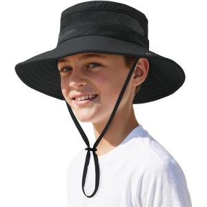 imageKids Sun hat for Girls Boys Outdoor Breathable Sun Protection UPF 50 Cap Wide Brim Summer Beach Bucket hatBlack