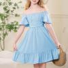imageAmerican Trends Girls Dress Ruffle Dress Tie Back Short Sleeve Square Neck Off Shoulder Dress for Girls 415 YearsBule