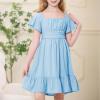 imageAmerican Trends Girls Dress Ruffle Dress Tie Back Short Sleeve Square Neck Off Shoulder Dress for Girls 415 YearsBule