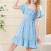 imageAmerican Trends Girls Dress Ruffle Dress Tie Back Short Sleeve Square Neck Off Shoulder Dress for Girls 415 YearsBule