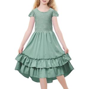 imageAmerican Trends Boho Dress Girls Formal Dress Ruffle Short Sleeve ALine Maxi Dress Elegant Flowy Dress for 613 YearsGreen