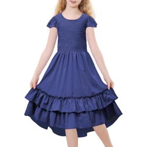 imageAmerican Trends Boho Dress Girls Formal Dress Ruffle Short Sleeve ALine Maxi Dress Elegant Flowy Dress for 613 YearsNavy Blue